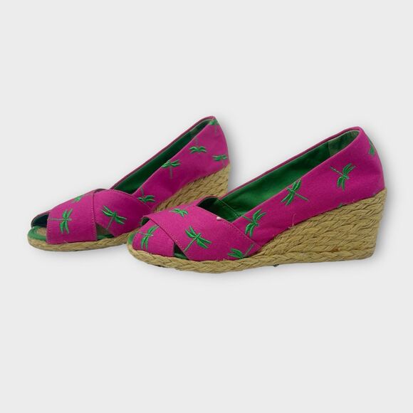 Lauren Ralph Lauren Pink Palm Cecelia Wedge Peep Toe Espadrille Sandal Sz 5.5 - Picture 3 of 6